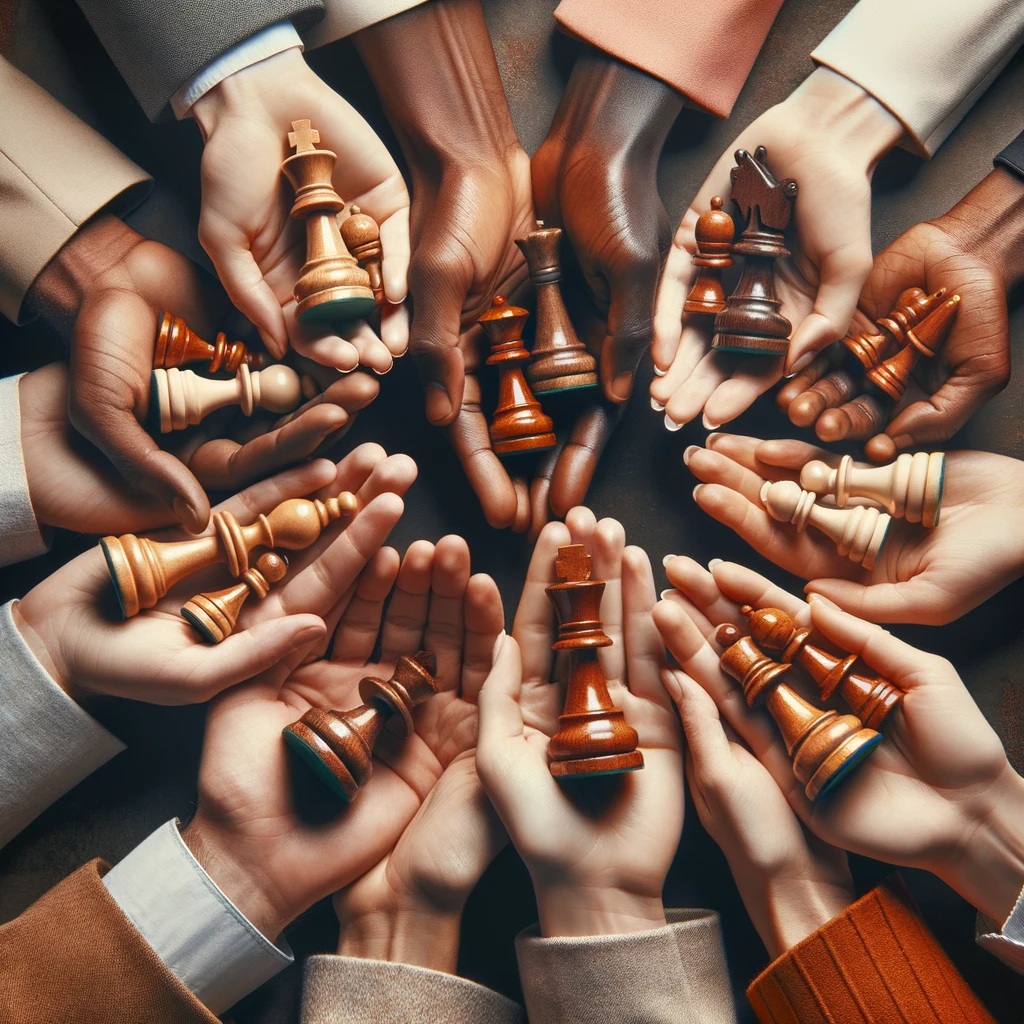 people holding chess pieces