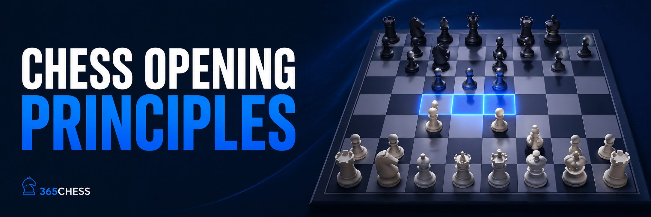 Chess opening principles banner with highlighted central squares and a chessboard