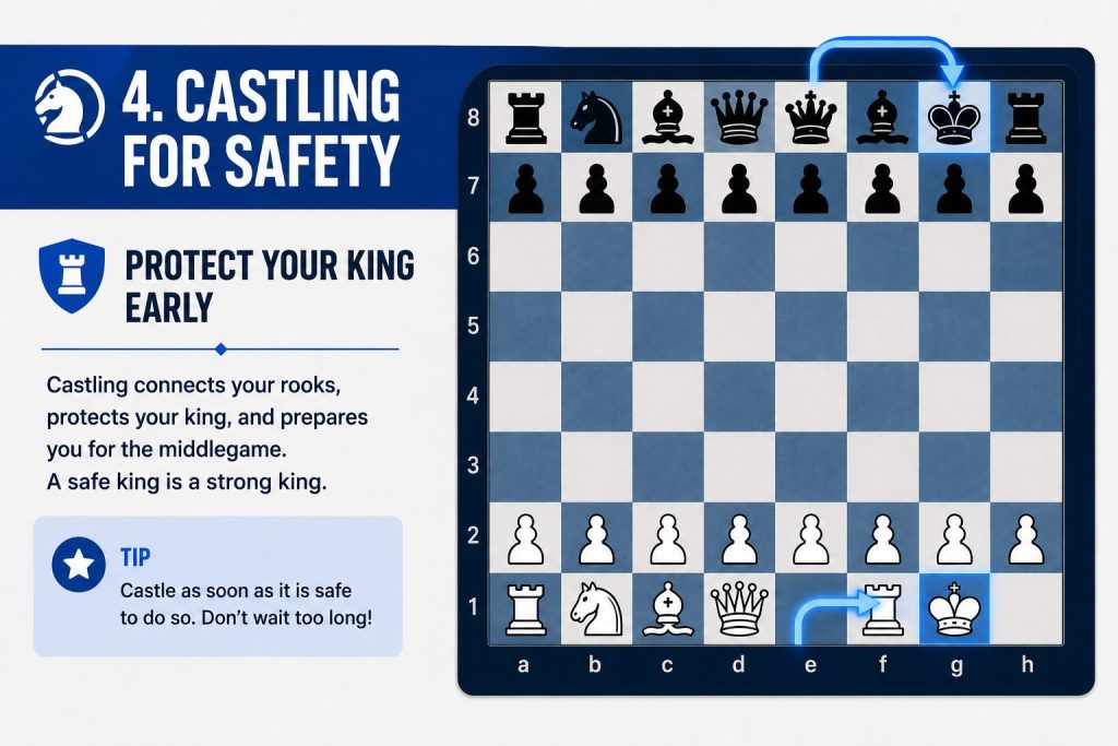 Castling for King Safety Chess infographic showing kingside castling to improve king safety and connect the rooks