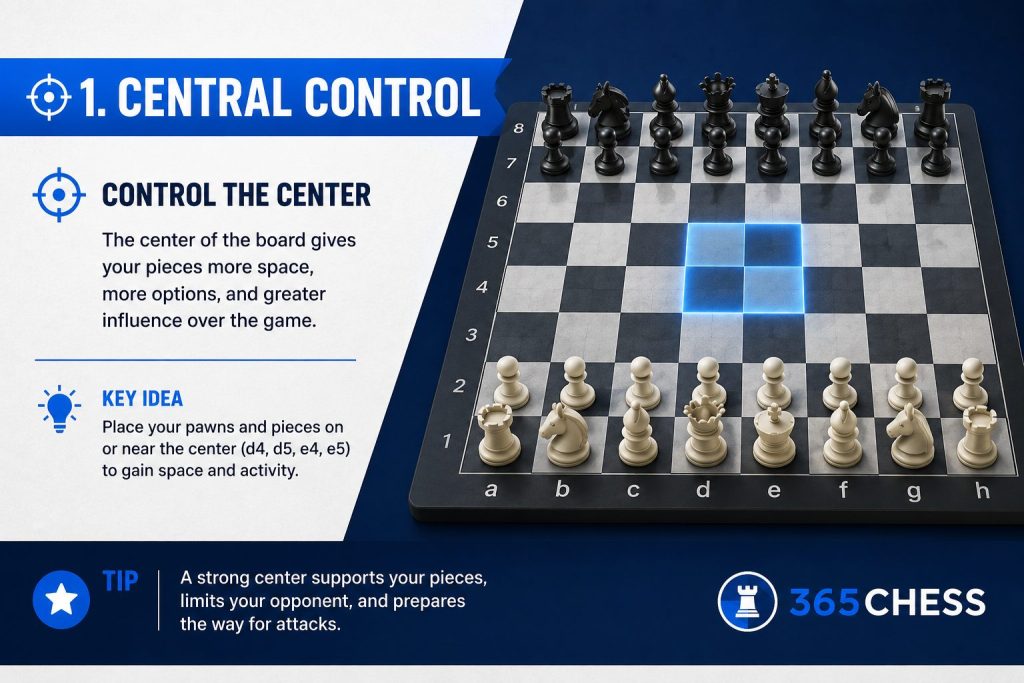 Central Control in Chess Openings The four central chess squares highlighted to explain central control in the opening