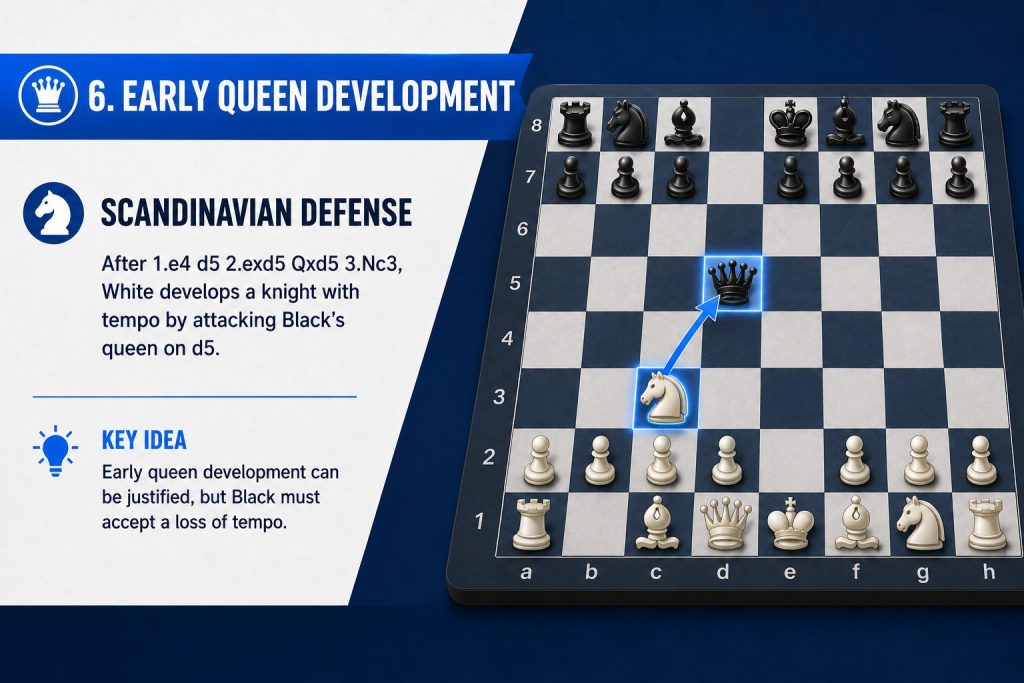 Early Queen Development in the Scandinavian Defense White develops the knight to c3 and attacks Black’s queen on d5 in the Scandinavian Defense