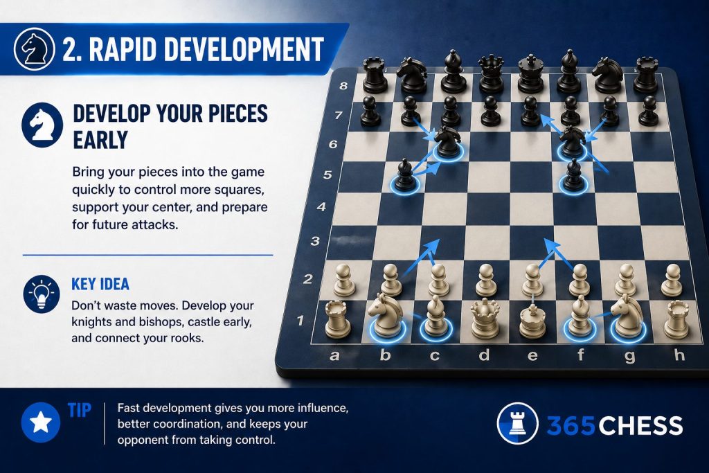Rapid Development in Chess Openings Infographic explaining rapid development in chess openings with pieces moving into active squares