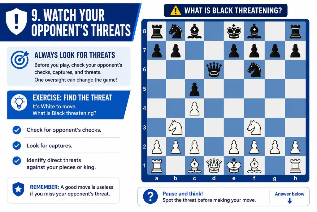 Watch Your Opponent’s Threats Chess opening exercise asking White to identify Black’s immediate threat before making a developing move